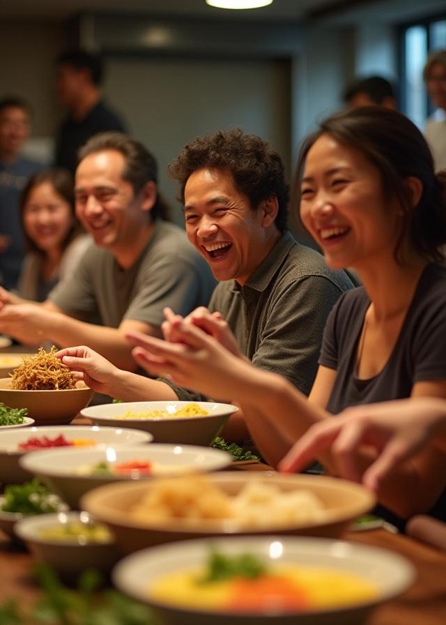 A diverse group of guests laughing while participating in a ramen making class.